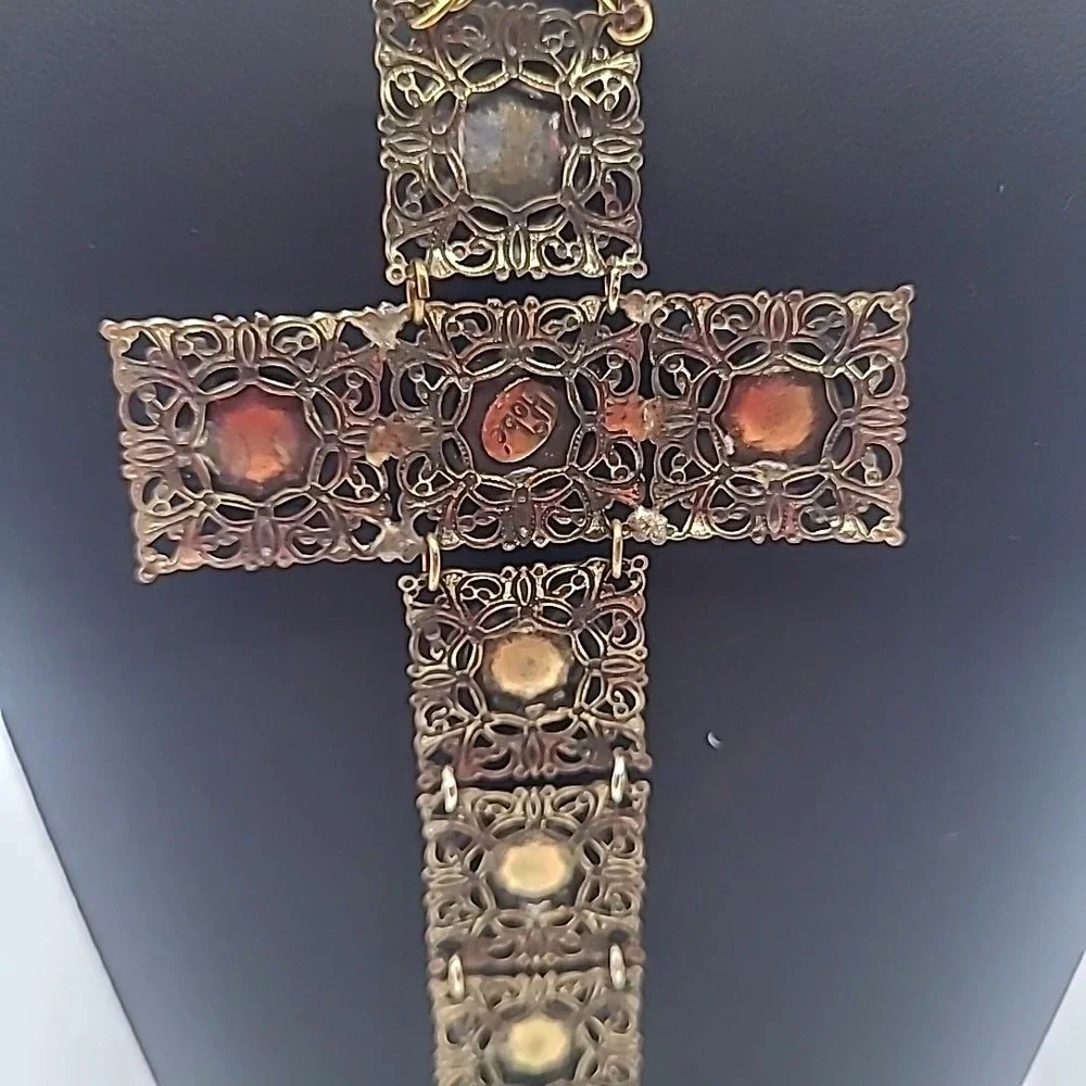 Vintage Hobe Necklace Gold Tone Filigree Enamel Articulated Large Cross RARE